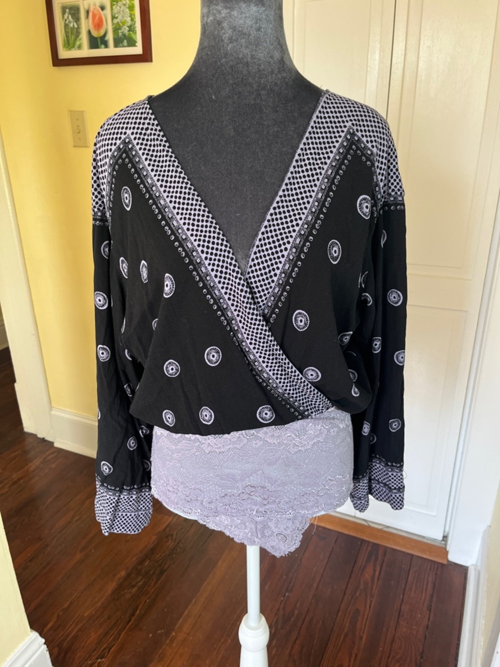 Free People Black Bodysuit with Lavender Pattern